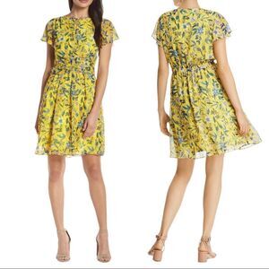 𝅺sam Edelman Yellow Retro Floral Printed Flowy Mini Dress Sz M